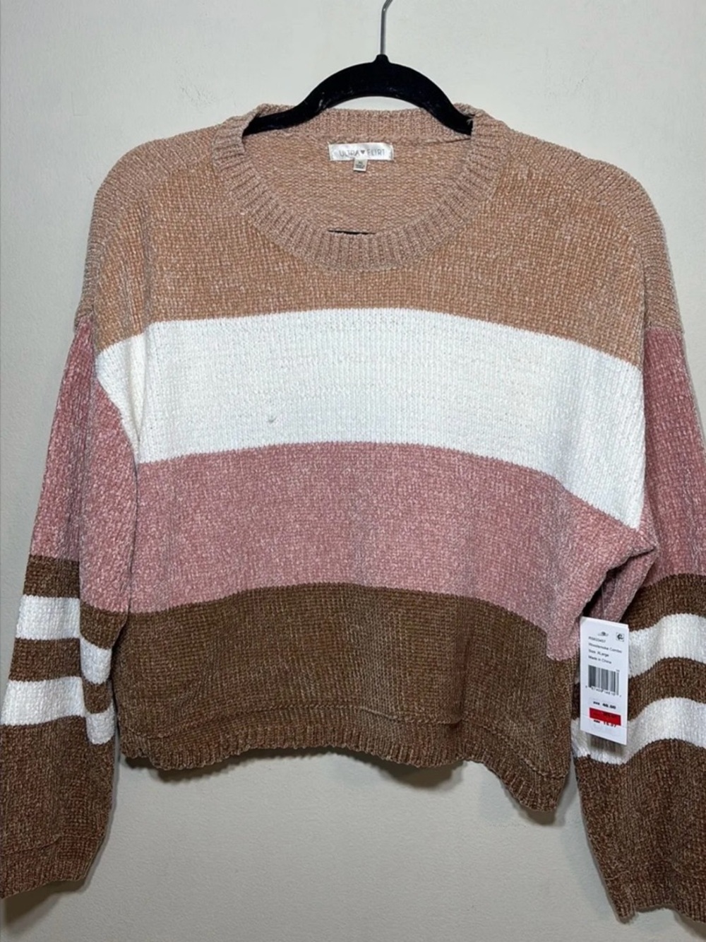 Ultra Flirt Striped Crewneck Sweater - Dusty Pink, White & Brown